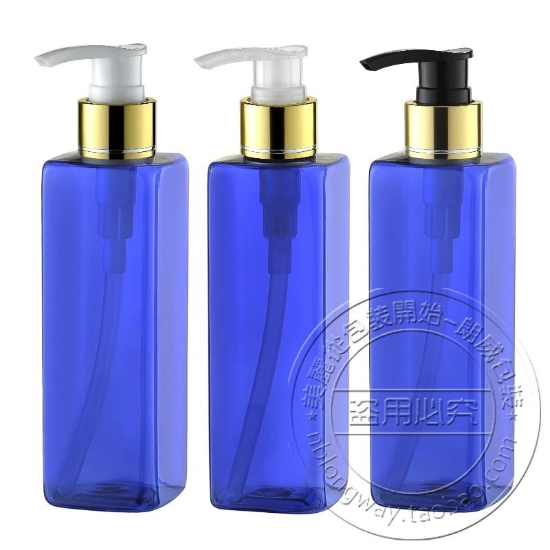 250ML Plastic Square Shampoo Bottle In Blue Cosmetic PET Bottle With Lotion Pumpin Storage