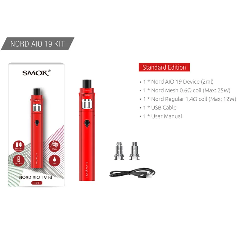 Новейший SMOK Nord 19 AIO Vape Kit 1300 мАч батарея и 2 мл MTL бак атомайзер электронная сигарета
