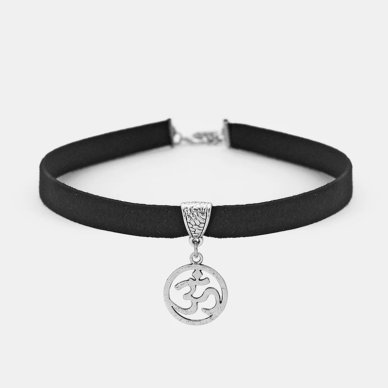 Black 10mm Flat Faux Suede Cord OM OHM AUM Symbol Yoga Charm Choker Necklace 13inch