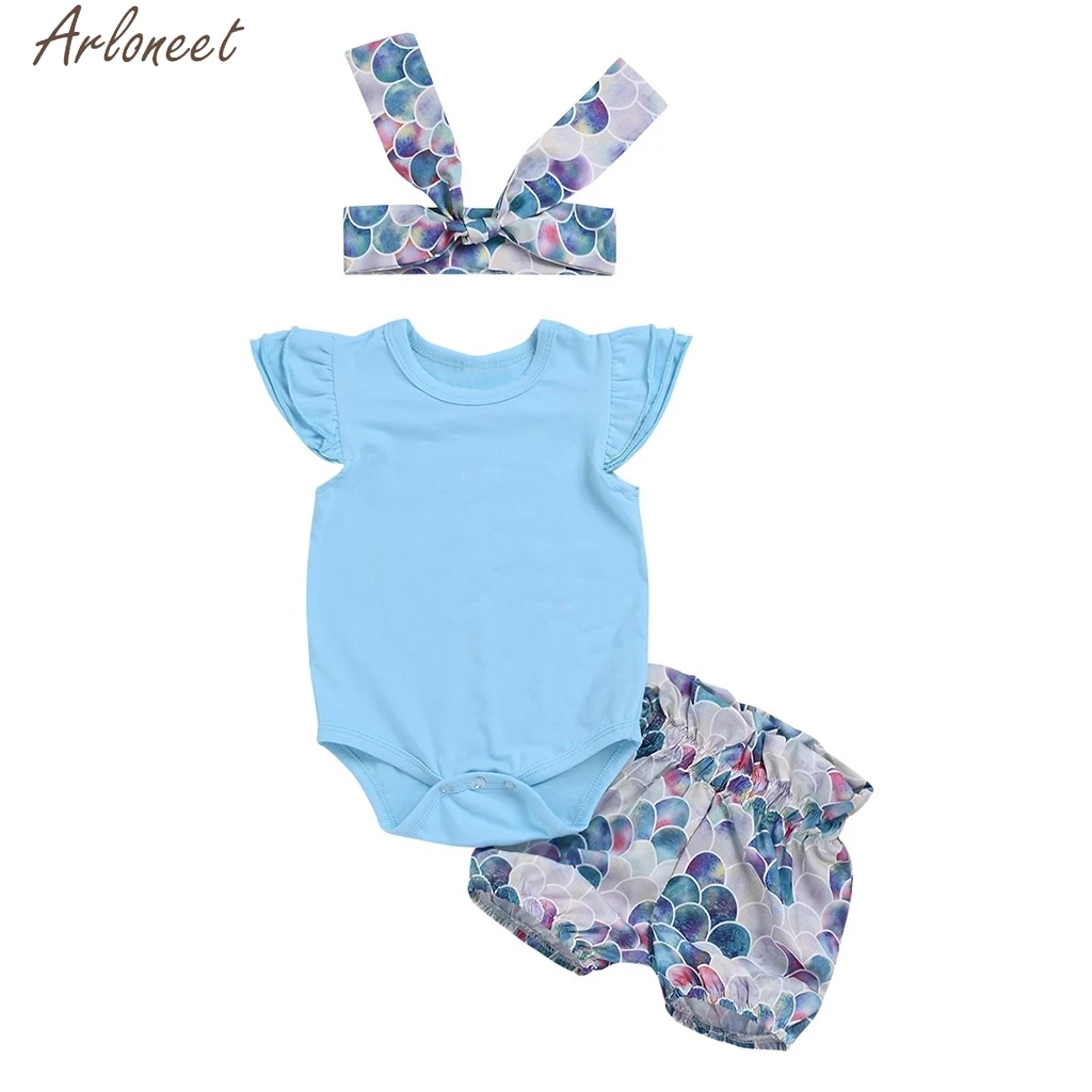 

ARLONEET Toddler Baby Sleeveless Regular Romper Cotton blend Jumpsuit+Print Shorts+Headbands Set Outfit 19Jan25