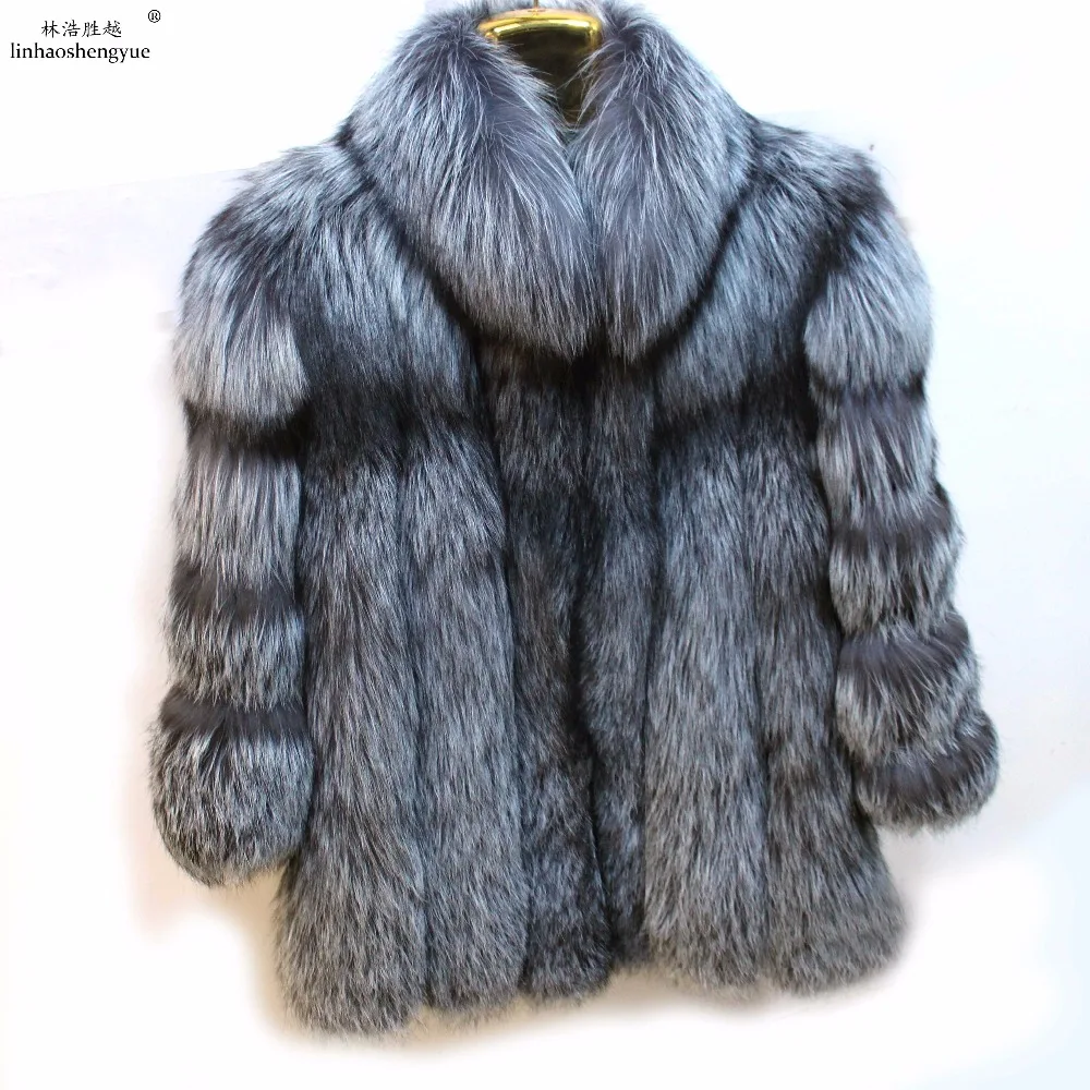 

Linhaoshengyue winter fashion women natural Silver Fox fur coat women with stand collar,real fox fur coat