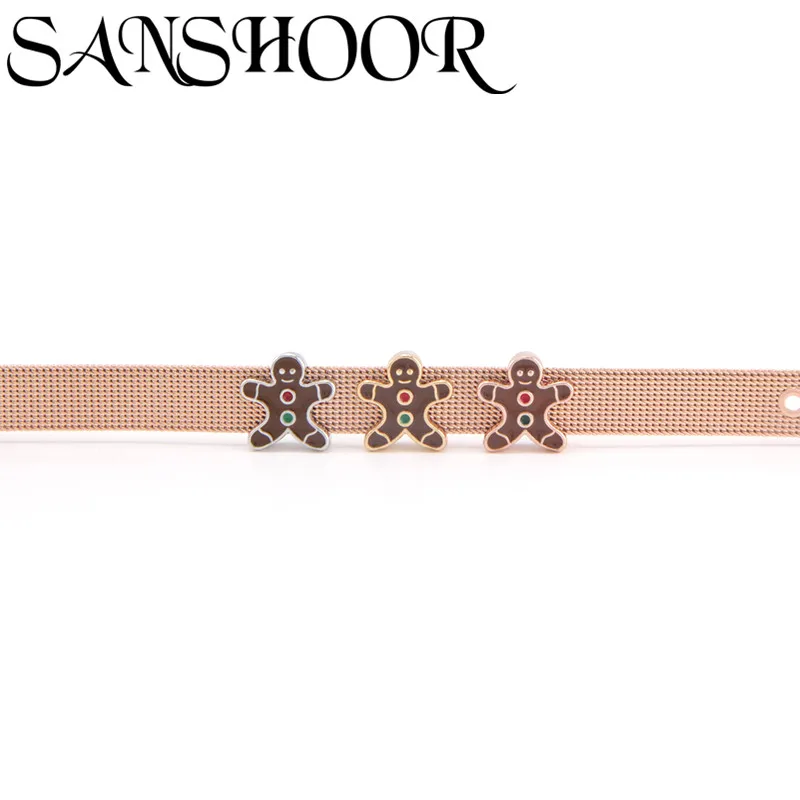 

SANSHOOR Jewelry Christmas Doll Slide Charms Fit 10mm Stainless Steel Adjustable Mesh Bracelet Wristband Gold Sliver Rose Gold