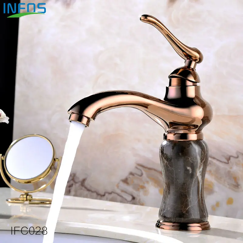 INFOS Antique Golden Brass Bathroom Faucet Hot and Cold Water Deck Mounted Sink Mixer Tap Torneira Banheiro IFC026