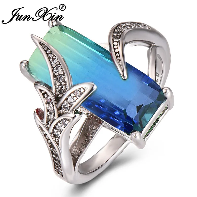 JUNXIN градиентные цвета зеленый синий кристалл хвост русалки кольца для женщин 925 серебряный цвет большой прямоугольник камень Обручальное кольцо ювелирные изделия