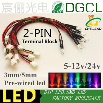 

100pcs 12V/24V Pre-wired 3mm 5mm LEDs bulb with 2-PIN Terminal Block Warm white/Red/Green/Blue/Yellow/White 20cm Prewired LED