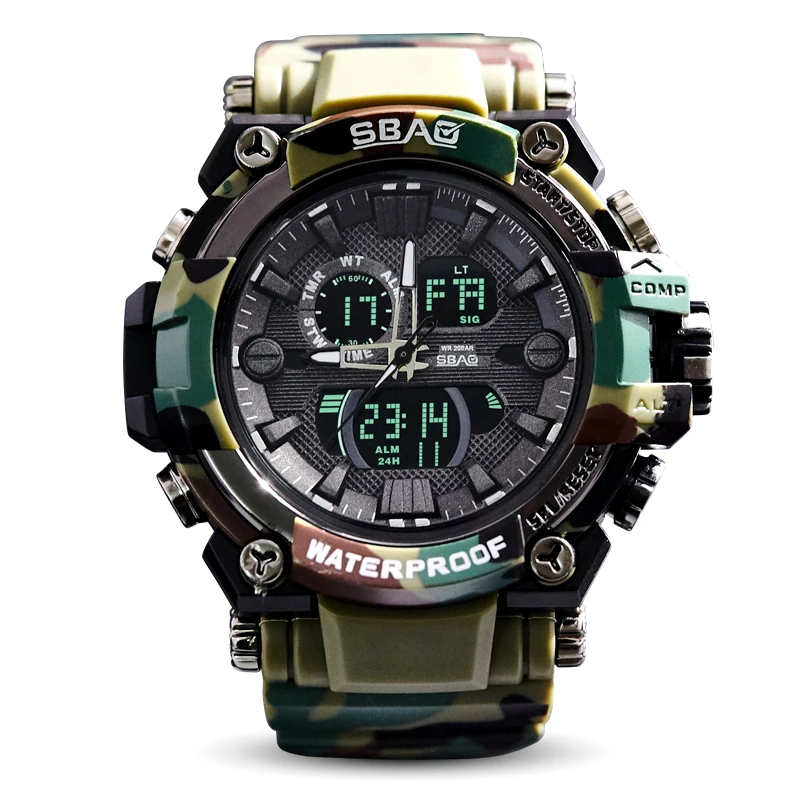Новый 2017 Кварц цифровой камуфляж часы Для мужчин Dual Time человек Спортивные s шок
