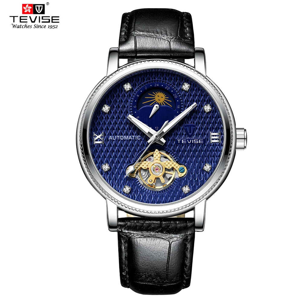 TEVISE T612 الأعمال الرجال التلقائي الميكانيكية ووتش الوقت القمر المرحلة عرض مضيئة الأيدي جلدية للماء الذكور ساعة اليد