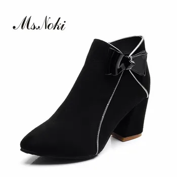 

Fashion high heel square heel women boots winter pointed toe warm female boot butterfly knot zip woman ankle boots flock shoes