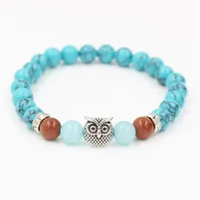 Натуральный Синий сосновый Камень Статуя Будды жемчуг ручной струны сплав Древний серебряный Сова эластичный растяжимый браслет украшения