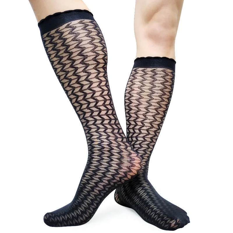 

Mens Kneel High silks Socks Wave Striped Sheer Thin Sexy Male Long socks High stretch Man Formal Dress Business Socks Stockings