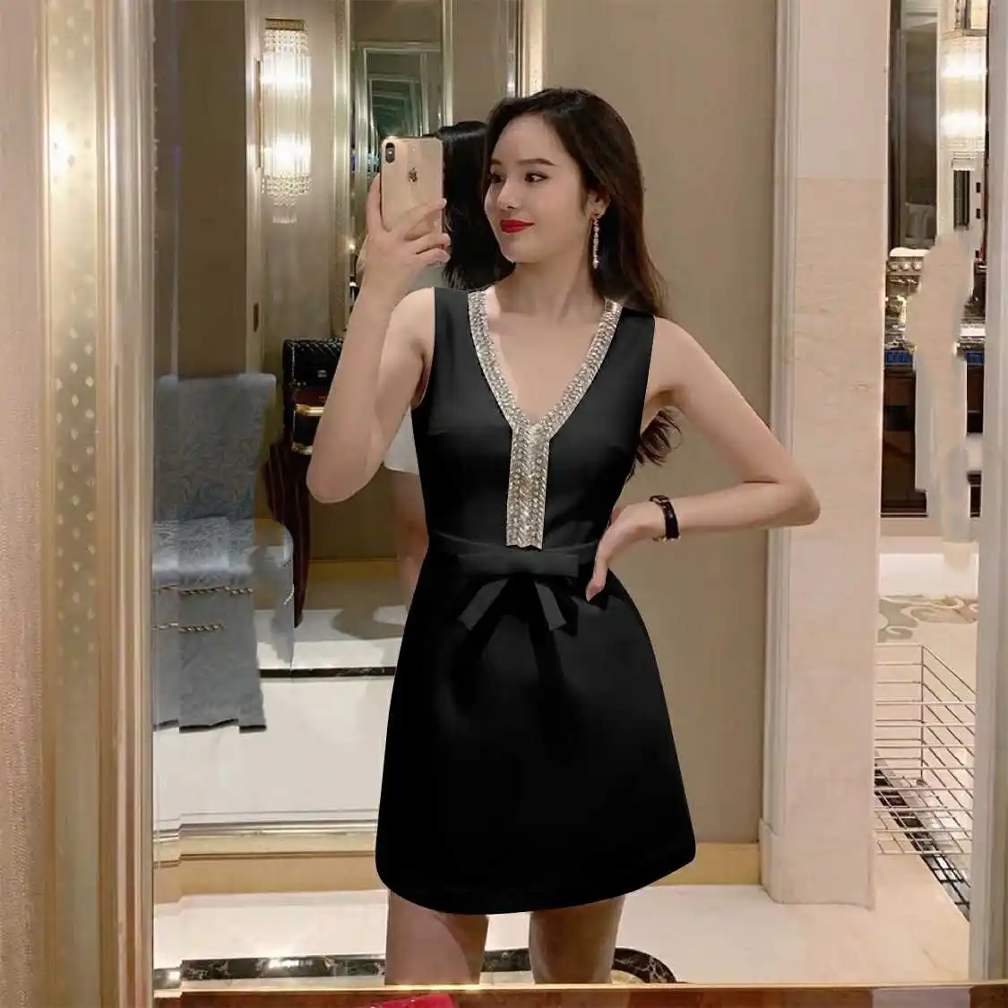 

2019 summer new heavy work nail drill waist dress