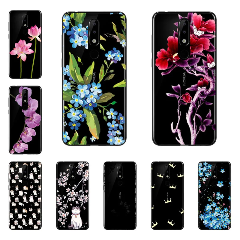 for nokia x5 2018 Case Silicon Black Painting flower Soft TPU Back Cover 5.1 plus Protect Phone cases shell |