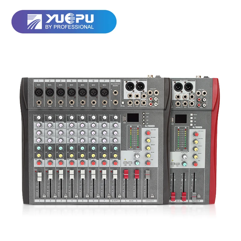 YUEPU RU-8T Professional Sound Audio Mixer 8 Channel 48V Phantom Power Reverbration Mixing Console MP3 Player USB Music For DJ