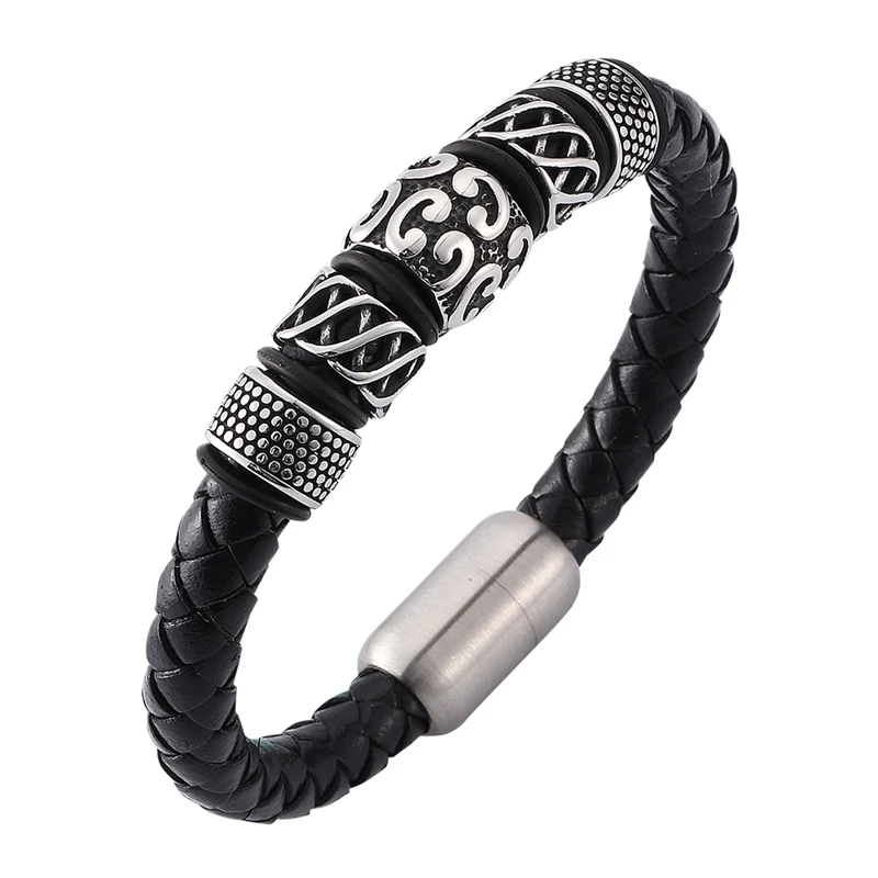 

Fashion Stainless Steel Charms Accessories Bangles Man Bracelets Genuine Leather with Magnet Clasp male Bracelet BB0118