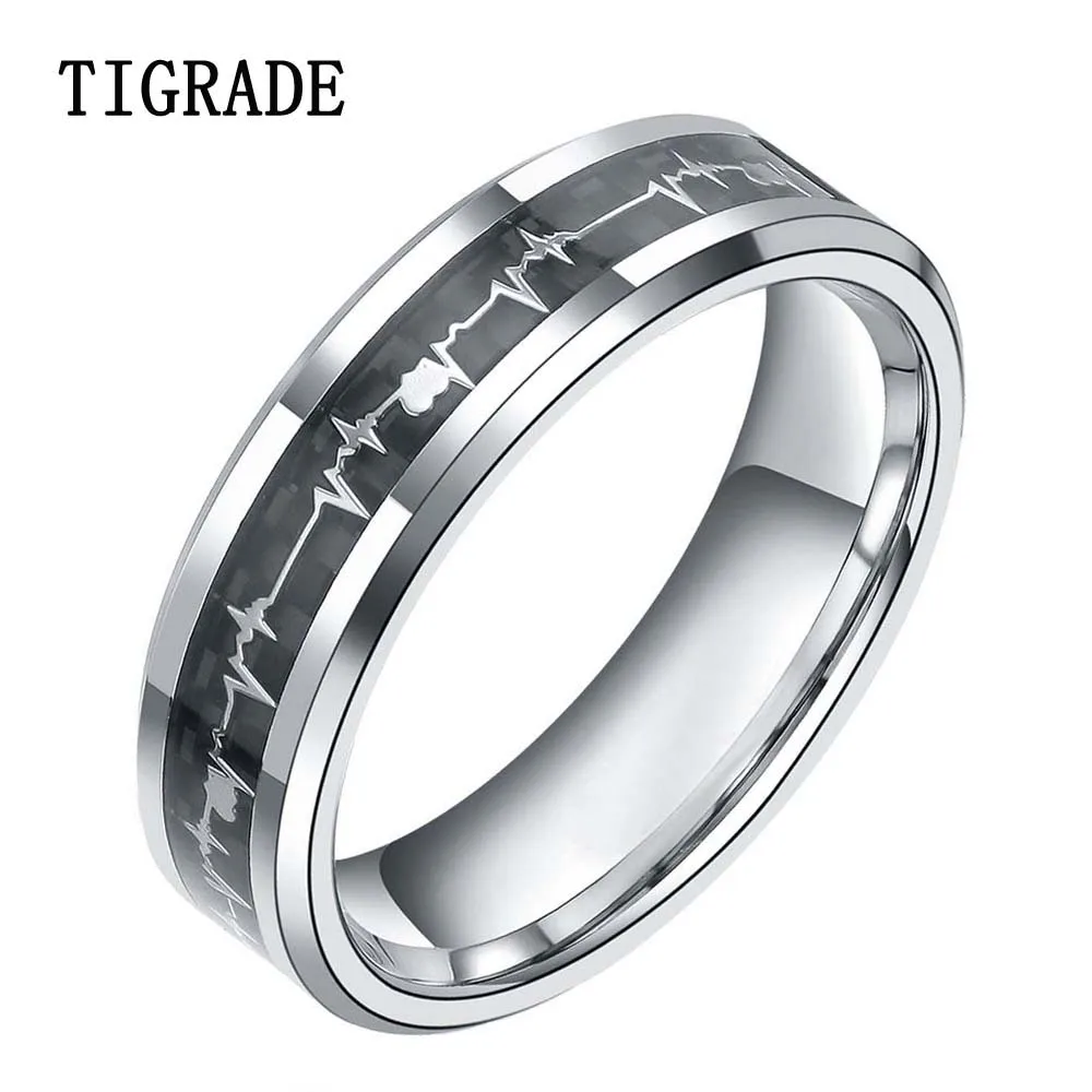 

6mm Tungsten Metal Rings with Cardiogram Carbon Fiber Inlay Women Wedding Band Comfort Fit