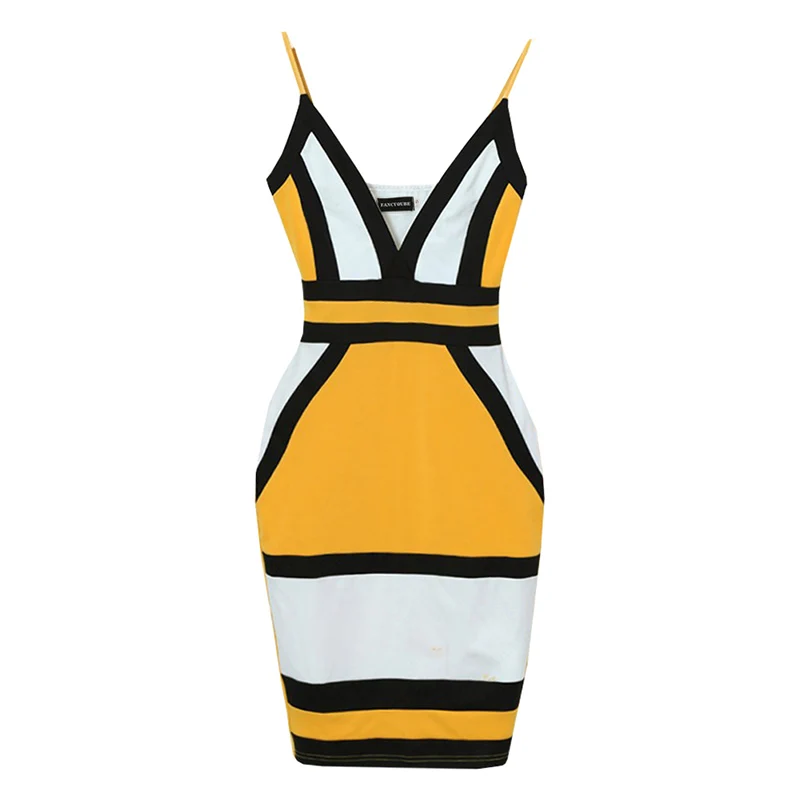 Strip Camis Dress , Women Sexy Geometric Figure , Yellow Strap Bodycon ...