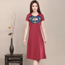 Летом Синий И Красный Новая Мода Шею Хлопка Вышивка Длина Коротким Рукавом Колена Dress 2017 Женской Одежды