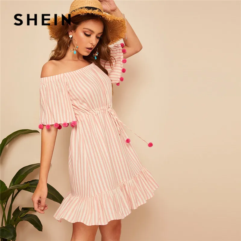 

SHEIN Pink Boho Drawstring Waist Pom Pom Detail Stripe Bardot Summer Dress Women Casual Beach Vacation Off Shoulder Mini Dress