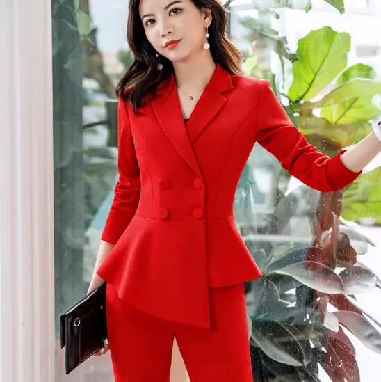 

2019 Fashion red Pant Suits Formal Ladies Office OL Uniform Designs Women elegant Business Work Wear Jacket with Trousers Sets