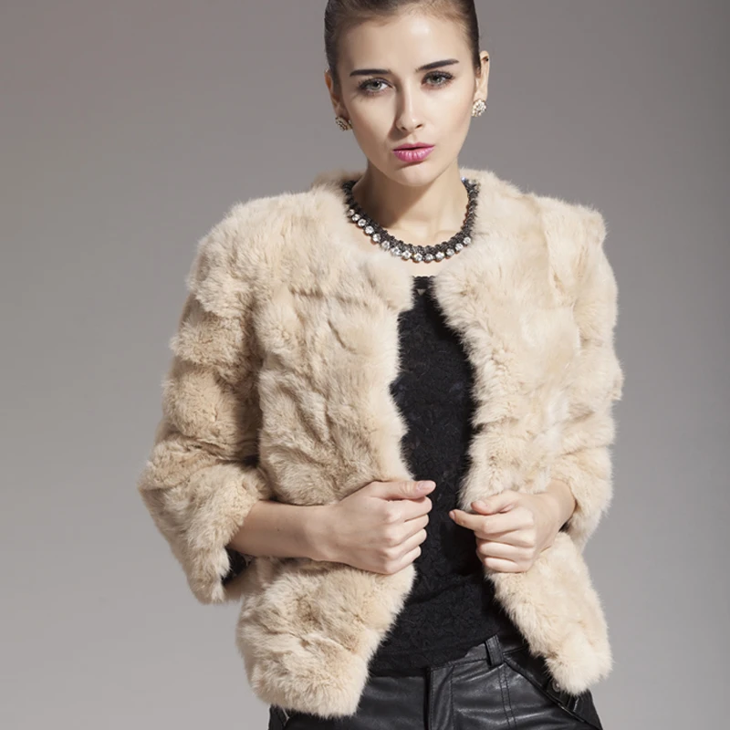 

ZY81002 Hot Sell Lady Genuine Patchwork Rex Rabbit Fur Three Quarter Coat Jacket Winter Women Fur Solid Outerwear Coats