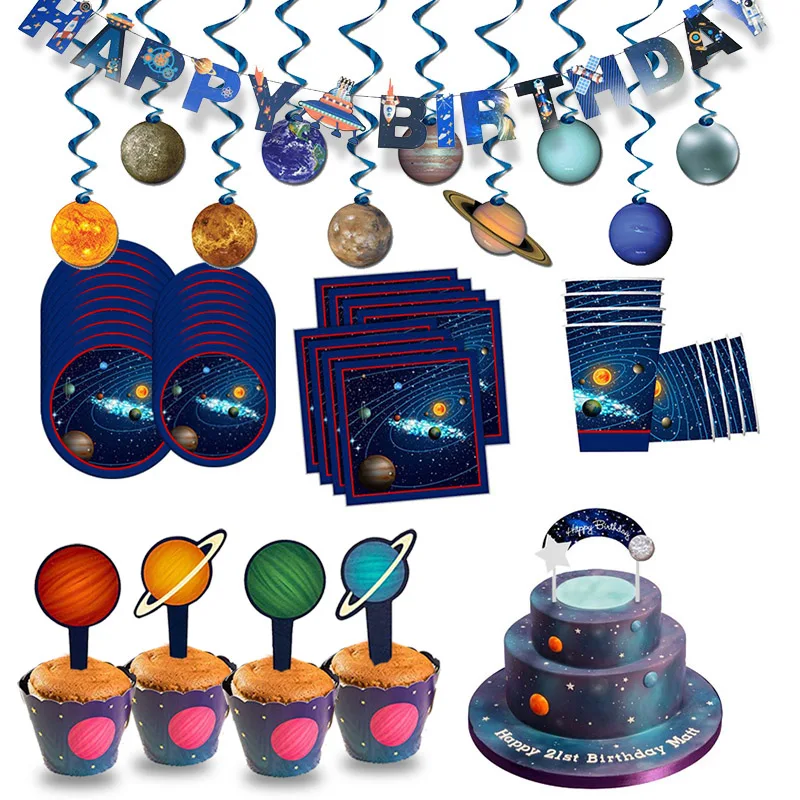 Вечерние столовые приборы на солнечных батареях в космическом стиле, тарелки для кексов на день рождения для мальчиков, принадлежности для тематической вечеринки