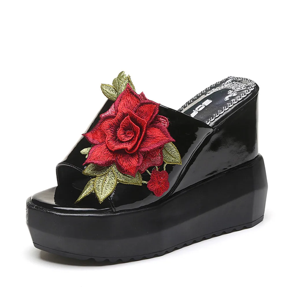 

Women Thick-Bottom Sloped Slippers Embroidered High-Heeled Wedges Platform Shoes fashion Peep Toe slipper shoe outside Apr 24