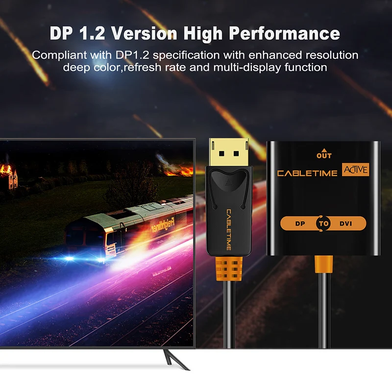 CABLETIME Display Port to DVI adapter Male to Female Active DP Convertor to DVI Extention 1080P 3D for HDTV PC Projector C080