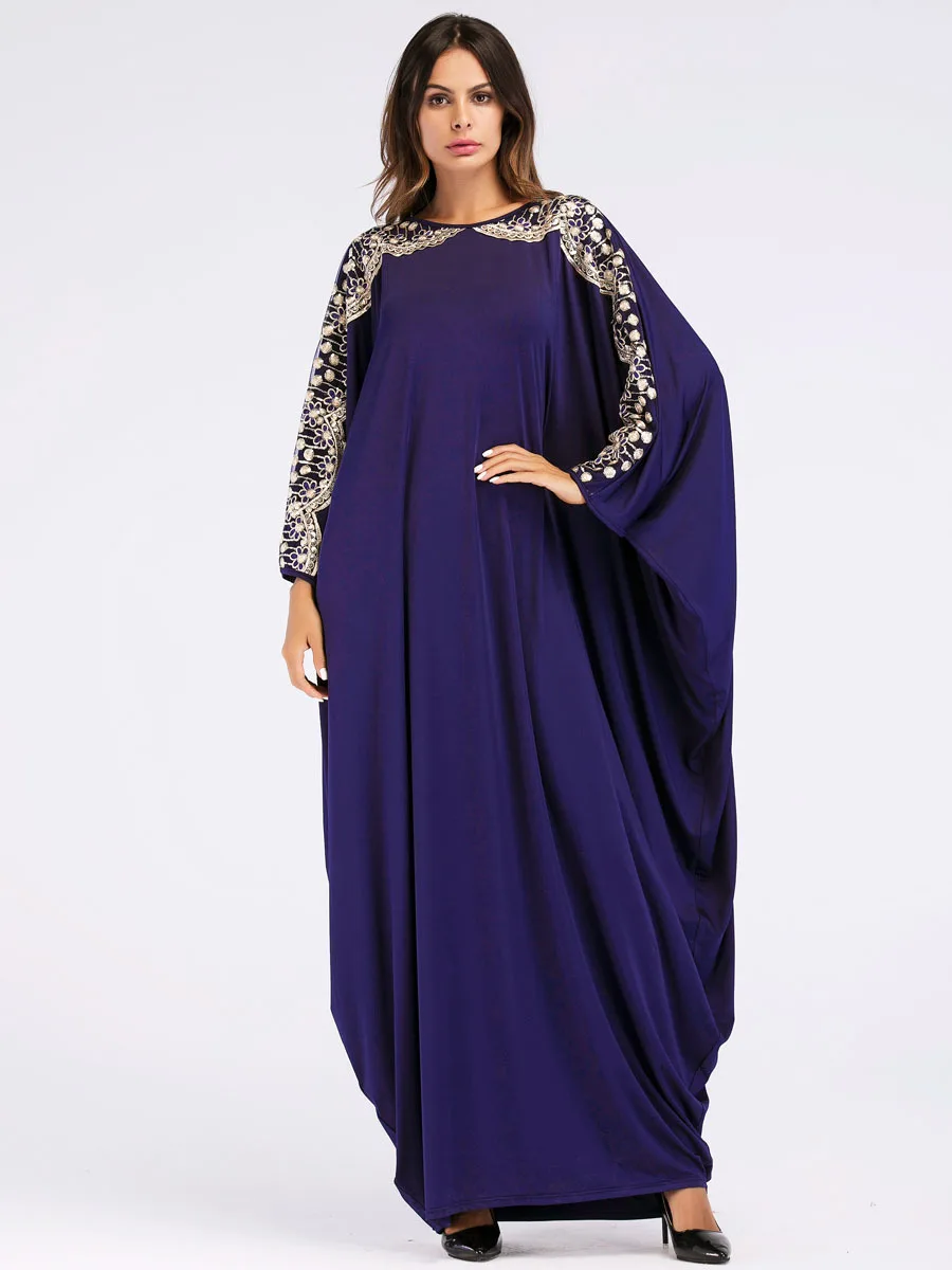 Большие размеры рукава летучая мышь мусульманский абайя арабских Сингапур вышивка блестками джилбаба Дубай мусульман Для женщин платья