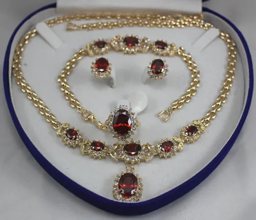 

2 choices wholesale red crystal 10*14mm ring(#7.8.9) 18" chain pendant necklace stud earrings &bracelet jewelry set002