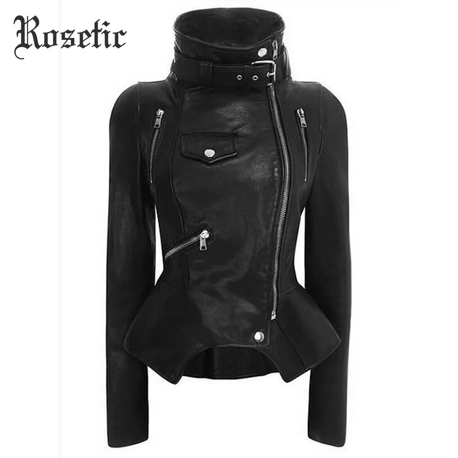 Rosetic Gothic Jackets Motorbike Woman Slim PU Leather Coats Steampunk Moto Streetwear Rock Style Metal Goth Jackets Genuine
