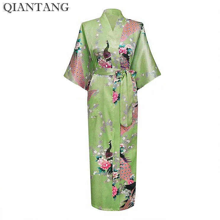Light Green Female Long Night Robe Women's Kimono Bath Gown Bathrobe Sleepwear Plus Size S M L