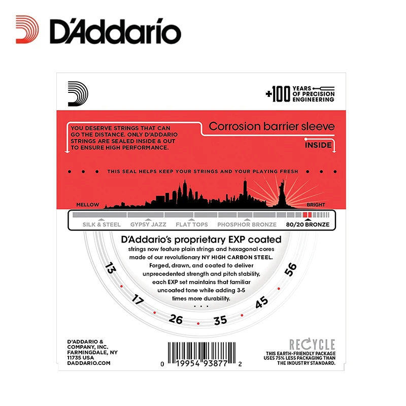 D'Addario EXP12 с NY Steel 80/20 бронзовые для акустической гитары струны покрытием Средний