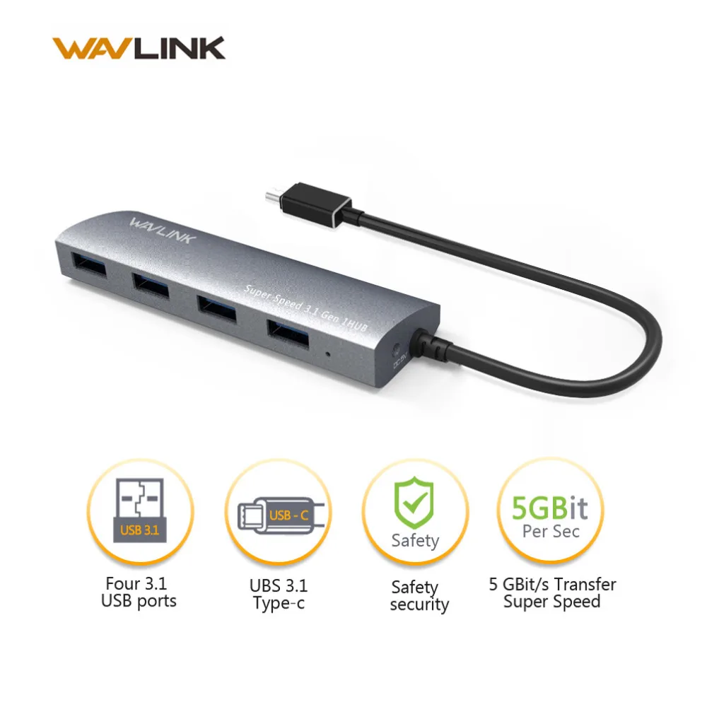 Wavlink алюминиевый USB 3,0 концентратор 4 порта type C адаптер с USB C женский зарядный порт для MacBook Pro ChromeBook Pixel Windows серый