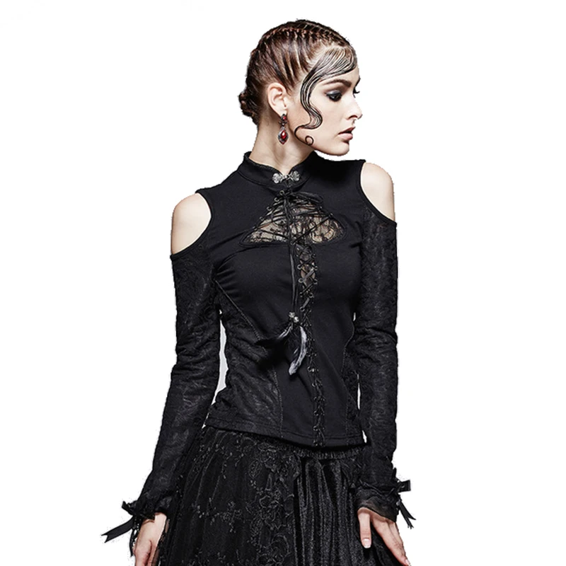 

Punk rave new products gothic small stand collar vintage strapless t-shirt women