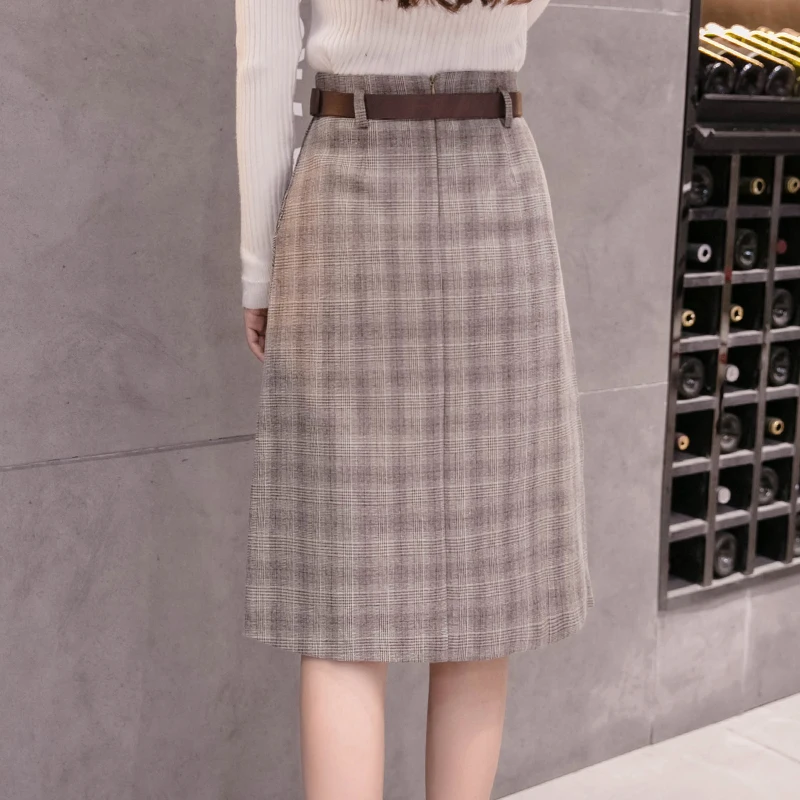 Корейский стиль шерстяные юбки Для женщин Высокая Талия карманы кнопки 2018 осень-зима твидовые юбки Винтаж элегантный карандаш клетчатая
