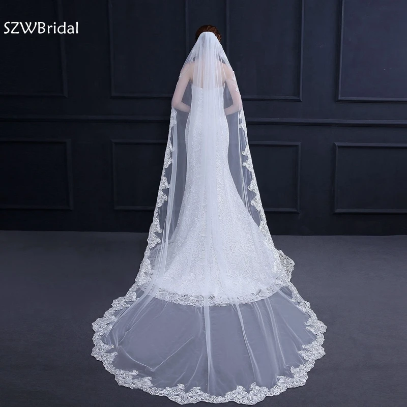 

2019 White Ivory Cathedral Wedding Veils Long Lace Edge Bridal Veil with Comb Wedding Accessories Bride Mantilla Wedding Veil