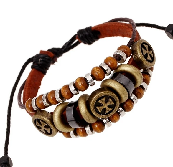 

PK0148 Natural Wood Bead Orthodox Prayer Rope Wristband Leather Rope Bracelet
