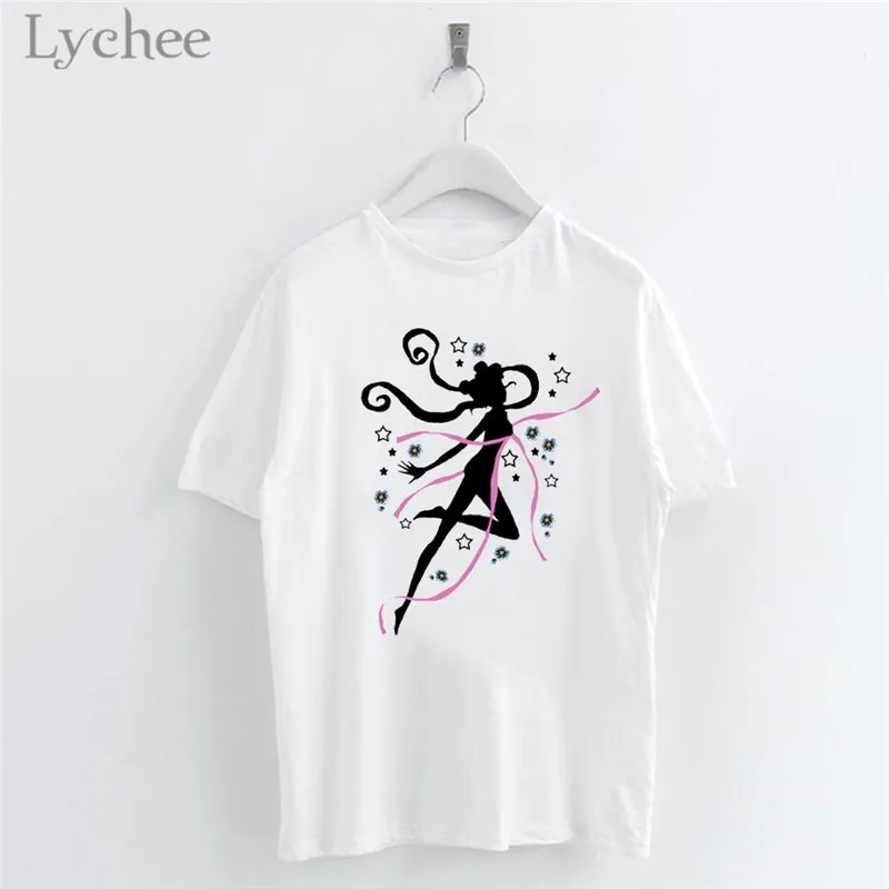 

Lychee Japanese Anime Sailor Moon Cartoon Women T Shirt Casual Short Sleeve O-Neck White T Shirt Tee Top Female