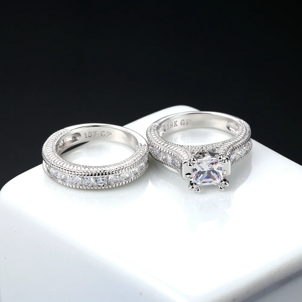 Double Fair Unique Square Cut Cubic Zirconia Rings Sets Silver Color Fashion Engagement/Wedding Jewelry Gift For Women RX29YG
