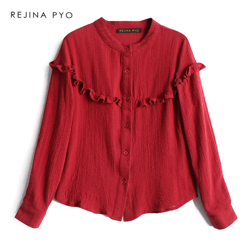 

BIAORUINA Women Red Casual Shirt Long Sleeve Ruffles Decoration Female Sweet O-neck All-match Shirt Ladies Elegant Shirt Tops