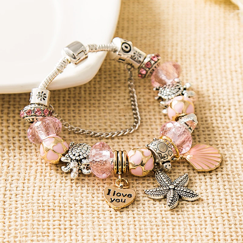 Hot Ocean Tibetan Silver Charm Bracelet Bangle for Women Romantic Pink Shell Crystal Bracelet Heart Turtle Beads Bracelets Gift