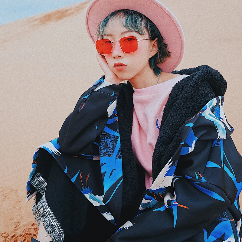 

Original Design 2017 Autumn Winter Chinese Style crane printed air layer fabric fleeced thicken oversized long trench coat women
