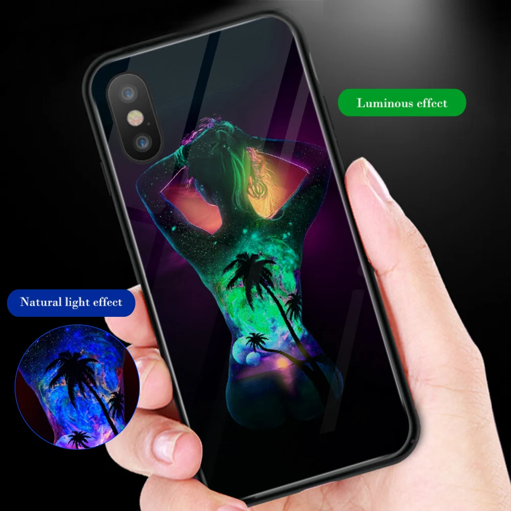 

ciciber Phone Case For iphone 11 Pro Max X XR XS MAX Luminou Glass Cover for Iphone 7 8 6 6S Plus Night Cute Shine Girl Funda