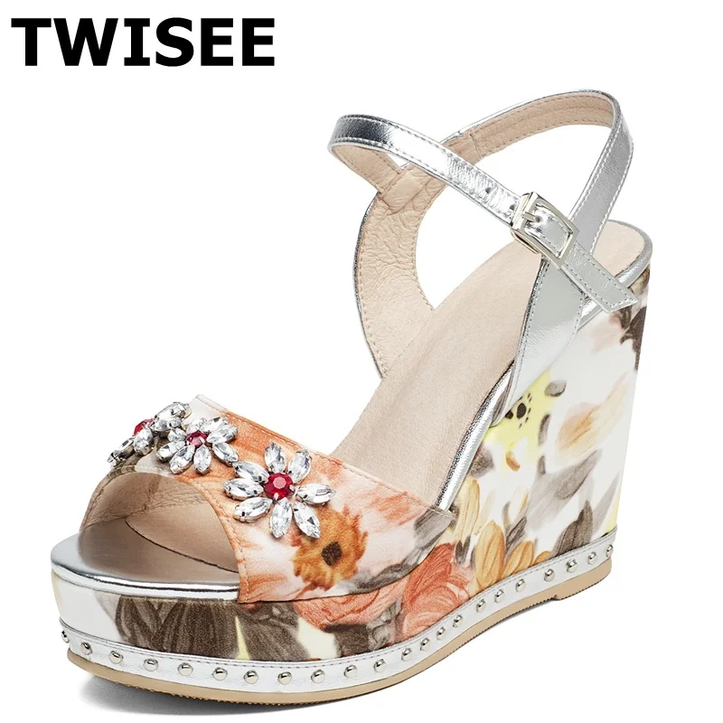 

Platform woman casual shoes genuine leather fashion summer sandals Buckle Strap Crystal Wedges heels 13.5 cm ladies women shoes