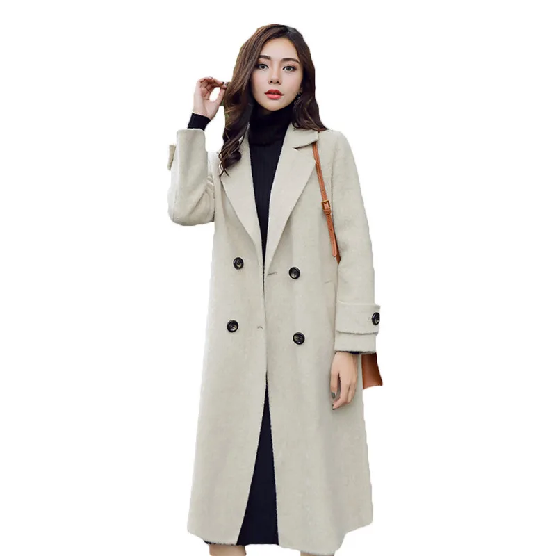 

2019 Autumn Winter Long woolen coat Women Korean Fashion Slim Warm Ladies coat Elegant Double-breasted Wool coat Plus size women