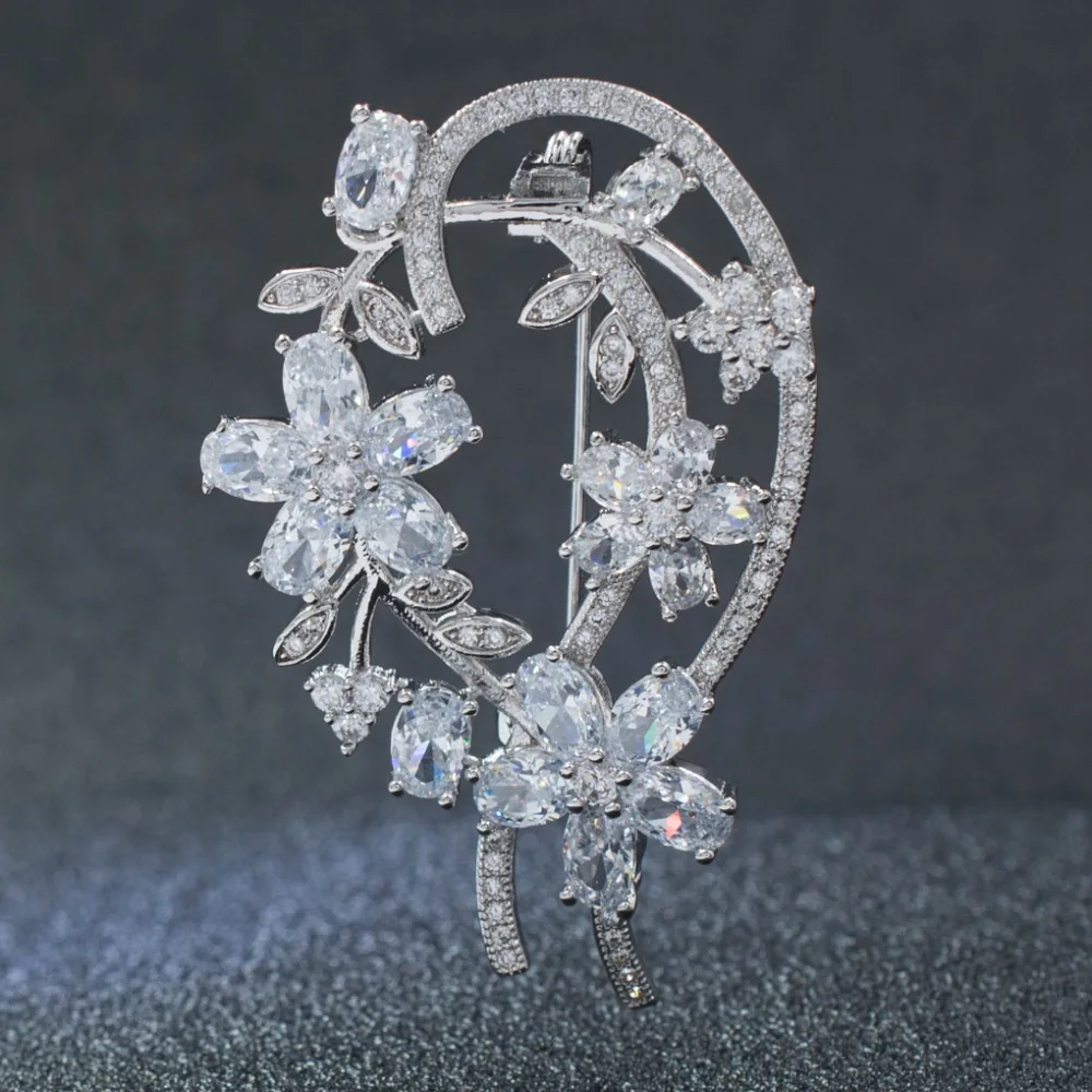 5A Cubic Zirconia Silver Tone Flower Brooch Broach Pin High Quality