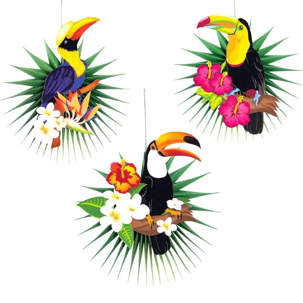 

Tropical Party Hawaiian Decorations 3pcs Hanging Paper Fans Flamingo Toucan Palm Leaves Pattern Summer Birthday Luau Party Decor