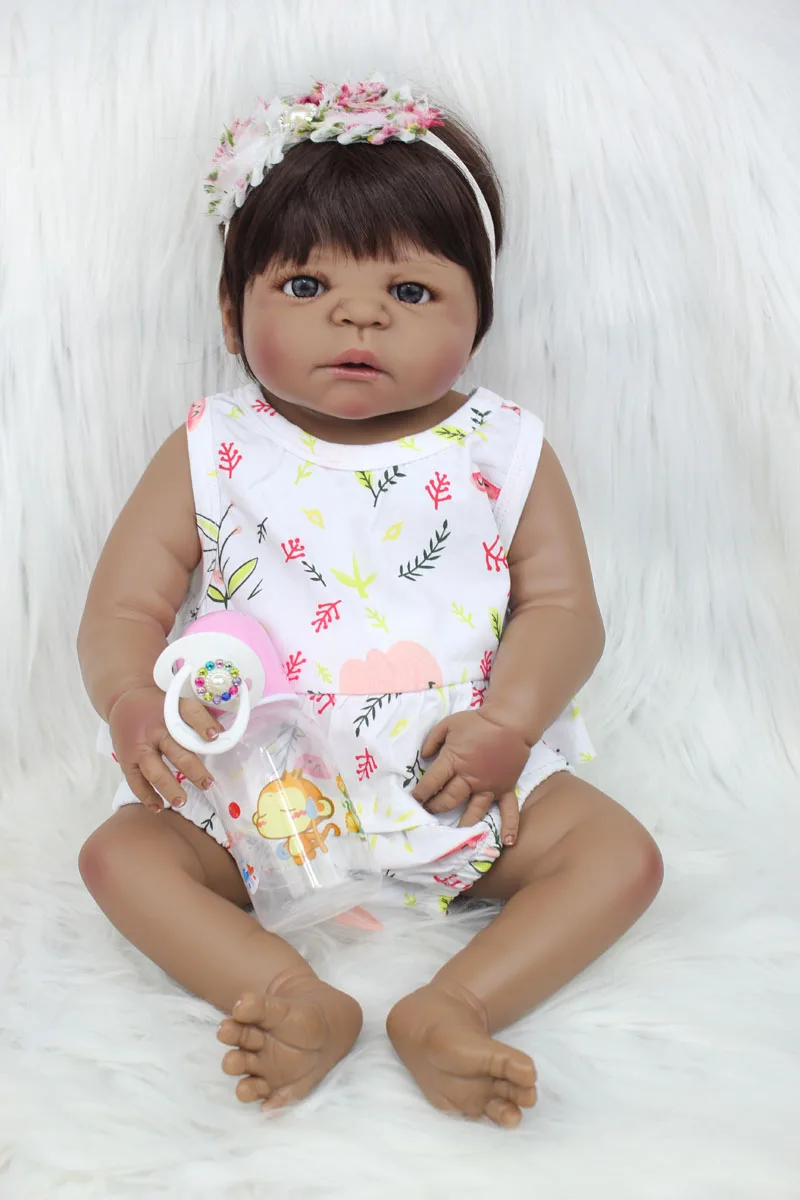 Pаспродажа 55 см полный корпус силиконовый Reborn Baby Doll игрушка 22 дюймов черная кожа новорожденная девочка принцесса малыш младенцы кукла ребенок купать и...