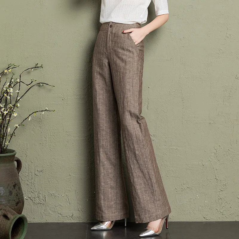 summer Women's Striped High Waist Wide Leg Pants OL Style Loose Cotton linen Long Pants Casual Women Trousers summer Women's Striped High Waist Wide Leg Pants OL Style Loose Cotton linen Long Pants Casual Women Trousers