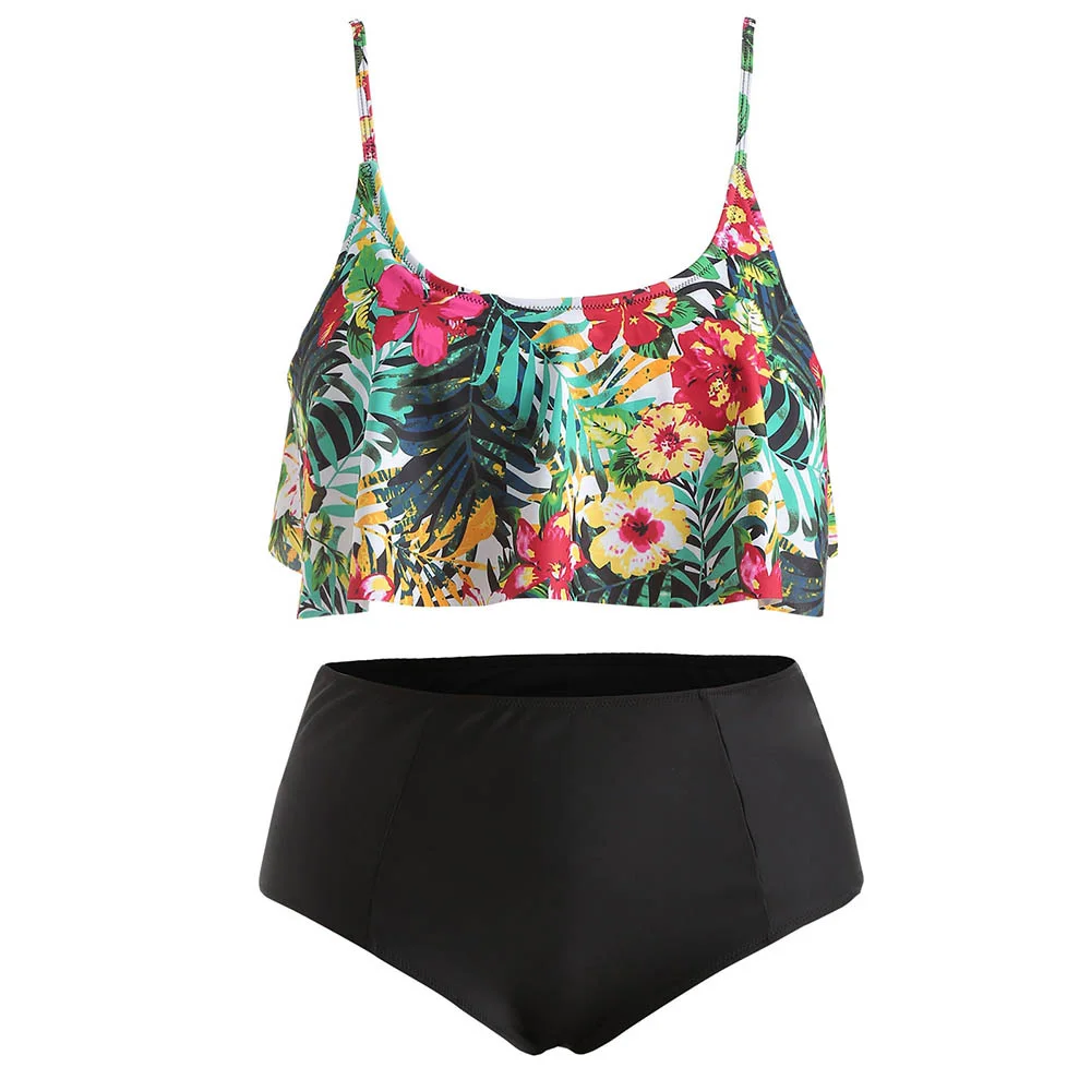 

Rosegal Plus Size Women Sets Ruffle Trim Floral Print Swim Set Plus Size Playsuits 2 Pieces Sets Sleeveless Tops Shorts Swimwear